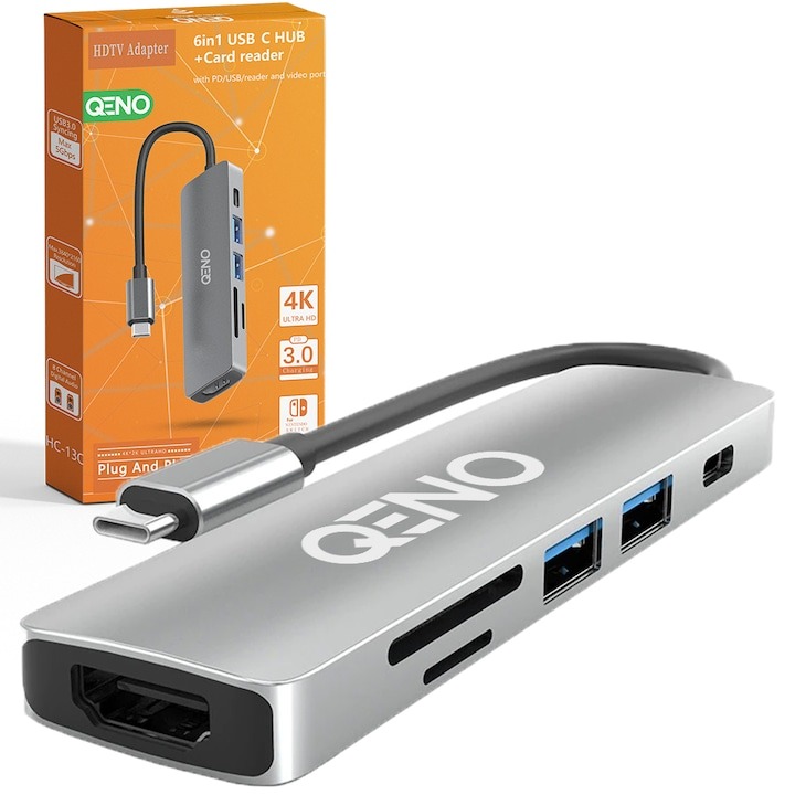 Hub USB 6 in 1 Qeno USB 3.0 HDMI 4K Card Reader